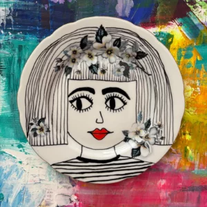 Hand illustrated vintage plate of the Beatnik lady